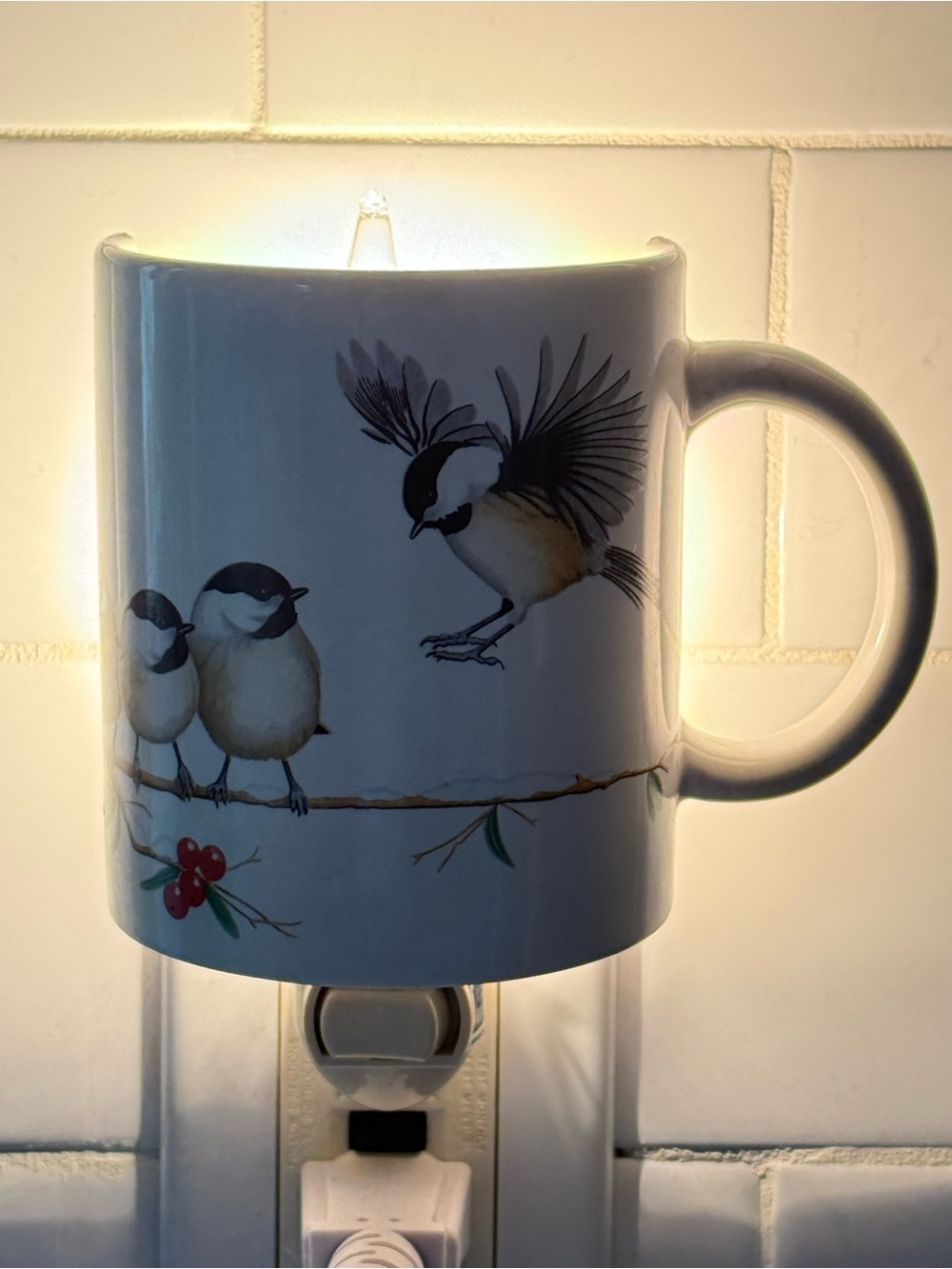 Chickadee Bird Mug Night Light Ceramic Plug In Lamp Cottagecore Wildlife